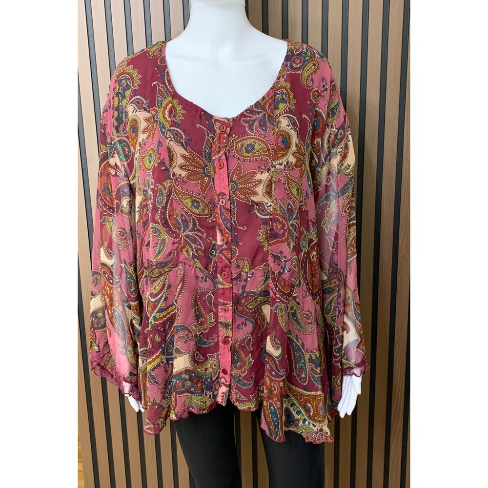 Coldwater Creek Magenta Paisley Button Front Blouse Sheer Lace Trim 2X 20W-22W